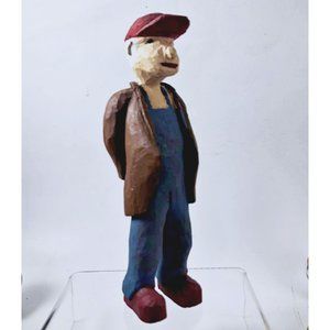 Hand carved Wood Folk Art Grandfather 7 Inches Overalls Coat Baseball Red Baseba